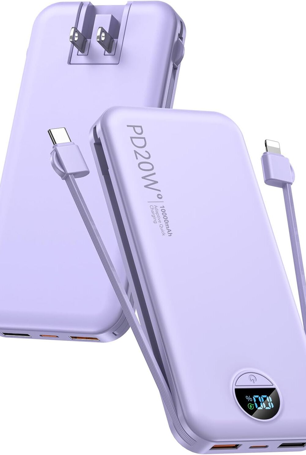 citicr Portable Charger 10000mAh PD20W w/Built-in Cables & Wall Plug Purple | Fast charging, Built-in wall plug, LED display, Charge 5 devices at once, Pass through charging, TSA approved, Pocket size