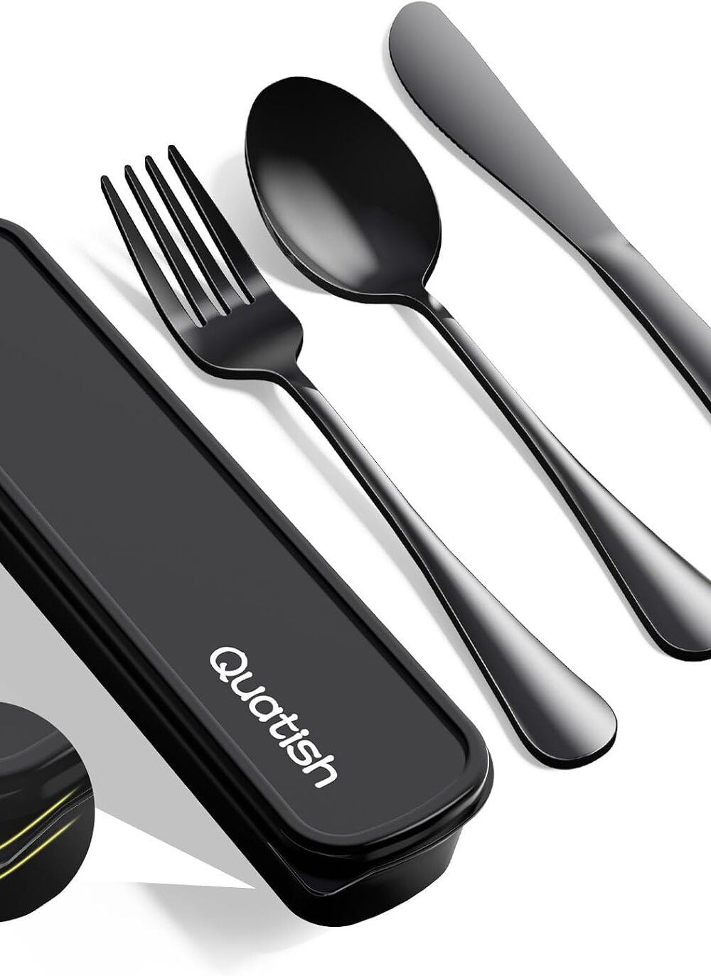 Quatish Travel Utensils with Case, Stainless Steel Cutlery Set, Black | Portable, Dishwasher Safe, Silverware Set, Reusable Camping Utensils, Fork and Spoon Set for Picnic, Camping, Work, Lunch Box