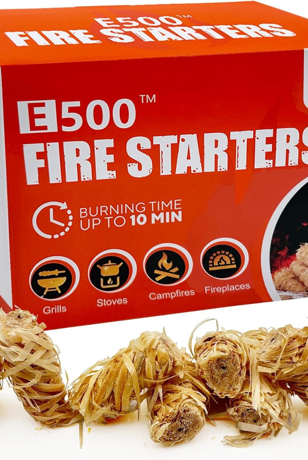 E500 Fire Starter - Natural Fire Starters for Fireplace, Campfires, Chimney, BBQ, Fire Pit & Wood Fireplace - 60 Pack Odorless Pine Firestarter, Charcoal Starter for Grill